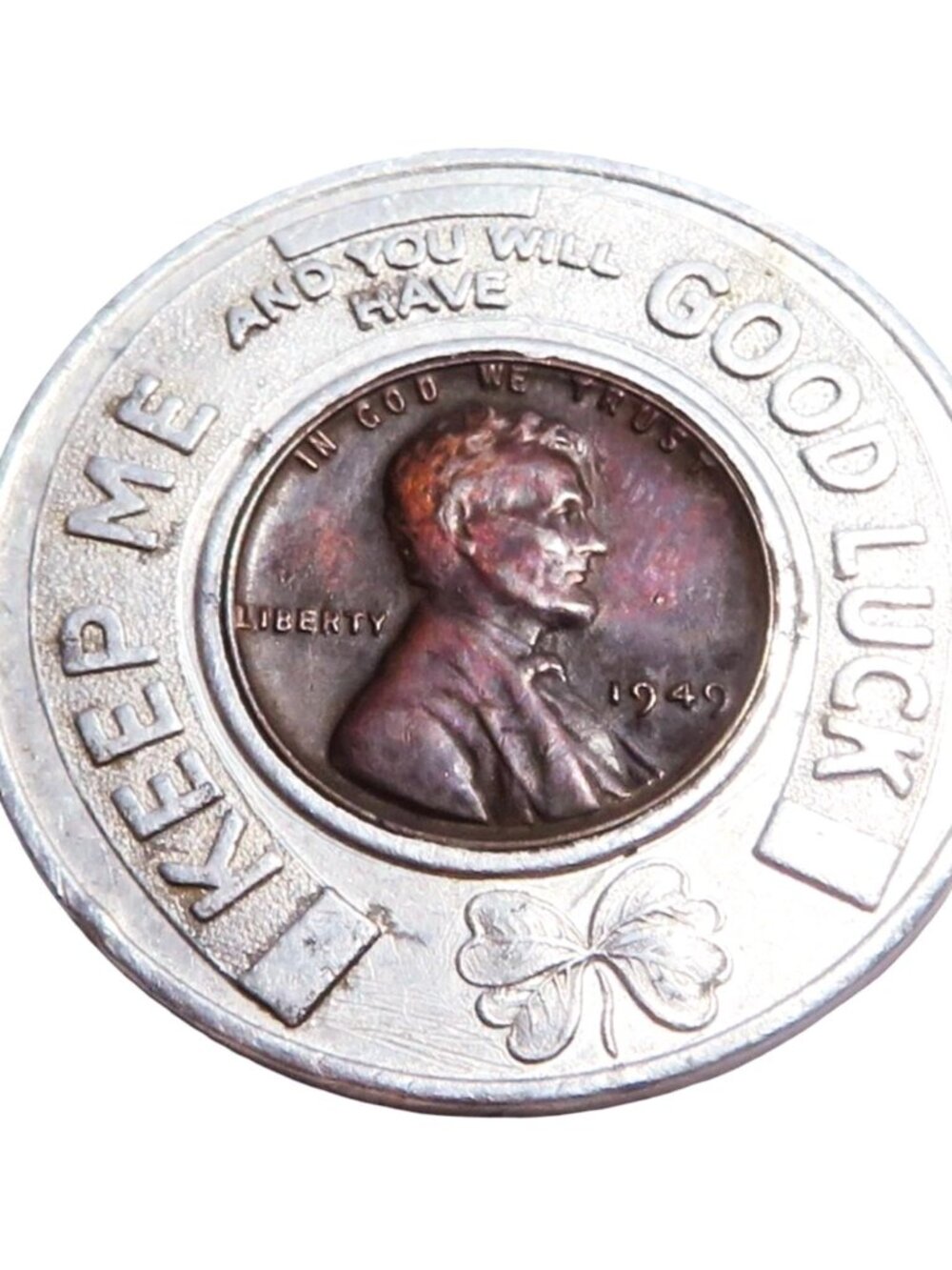 1949 Lincoln Wheat Penny US Cent Keep Me For Good Luck 4 Leaf Clover Token